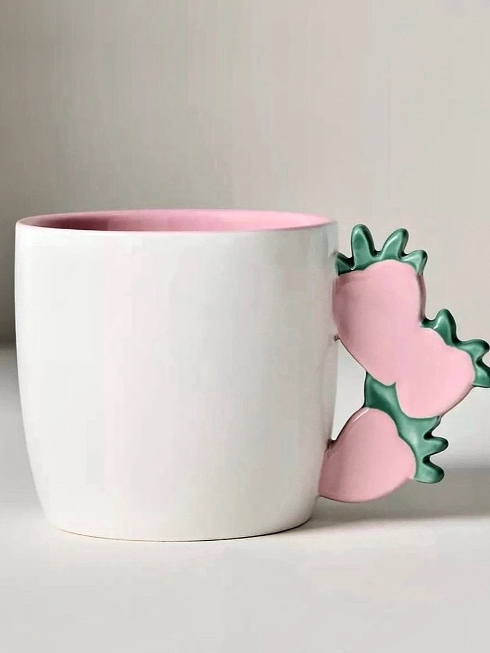 Anthropologie NWT Skylar Stoneware Mug with Pink Green Strawberry Handle